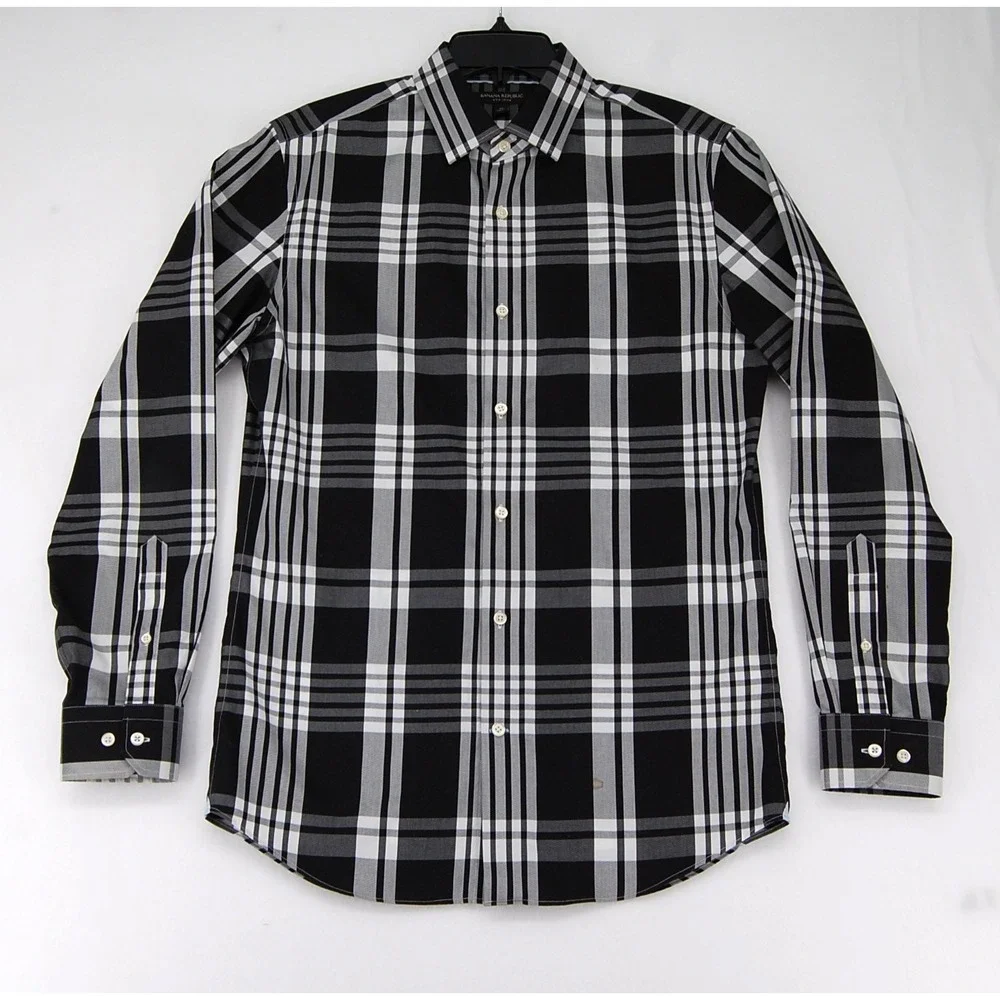 Banana Republic Mens Non Iron Plaid Button Down Shirt Black White Size‎ Medium